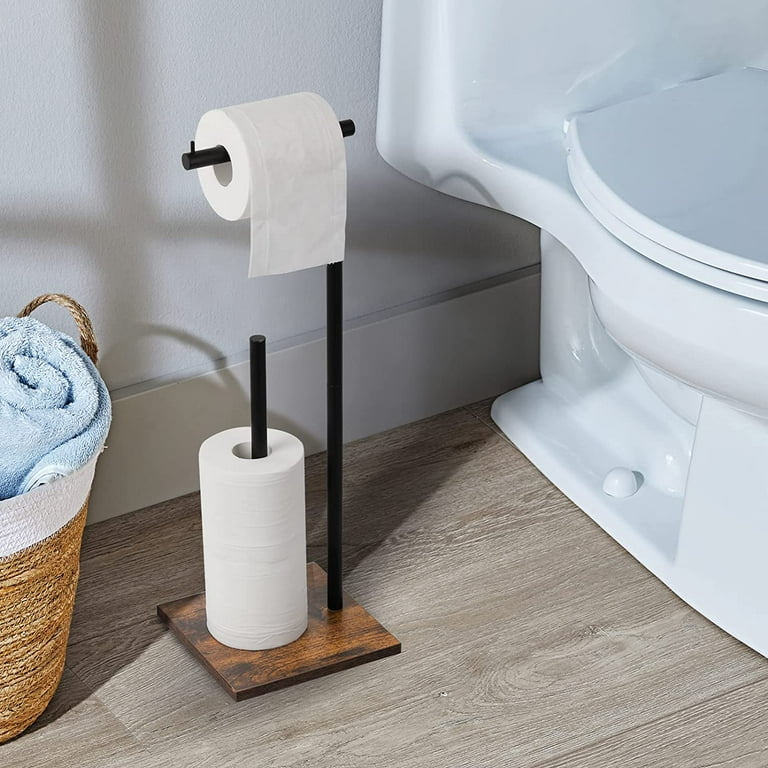 Freestanding Toilet Paper Holder Stand with Wood Base Bathroom Stand 