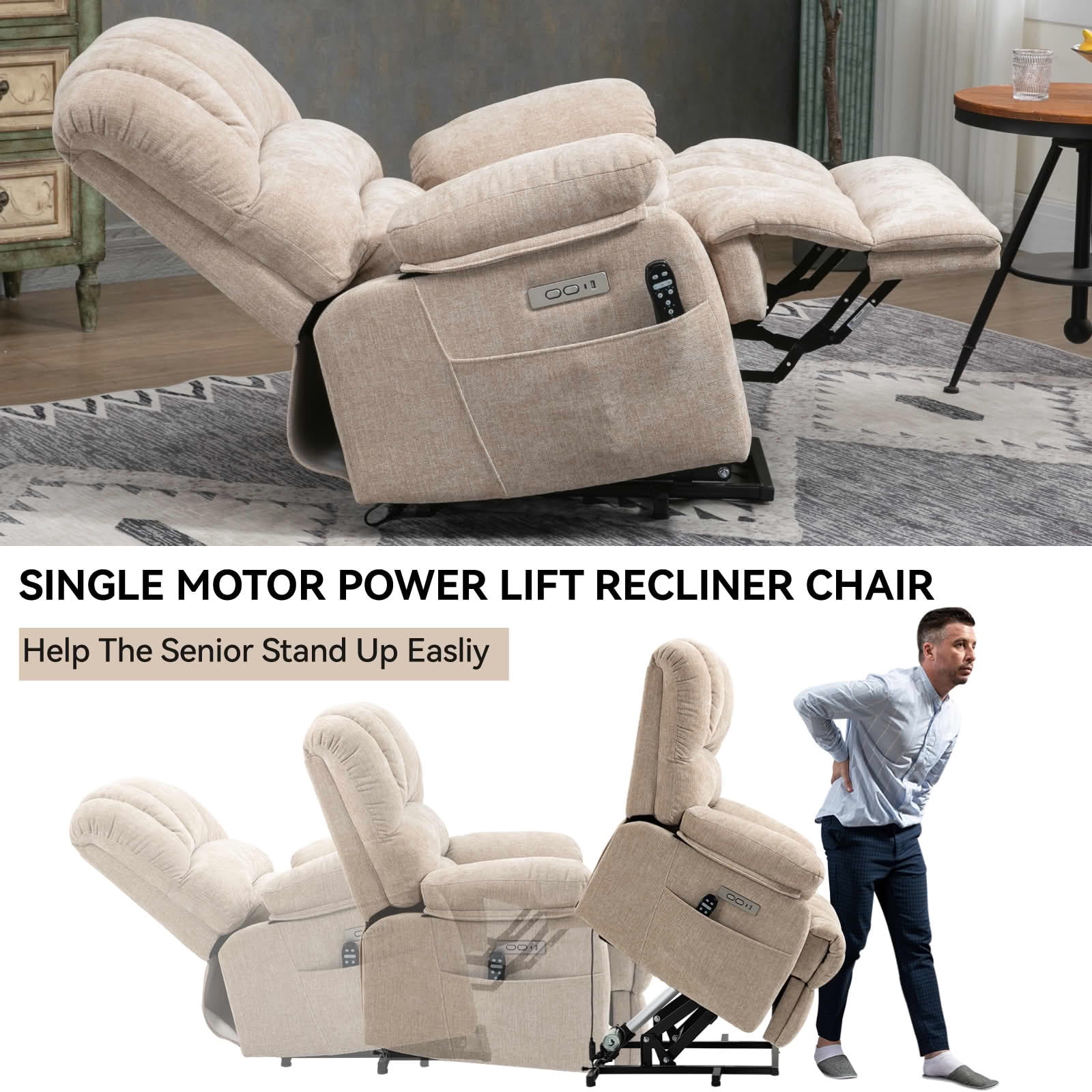 MAYEERTY Beige Chenille Power Lift Recliner, 350lbs 23" Seat 8-Point Massage Heat 39"x41"x42" for Elderly