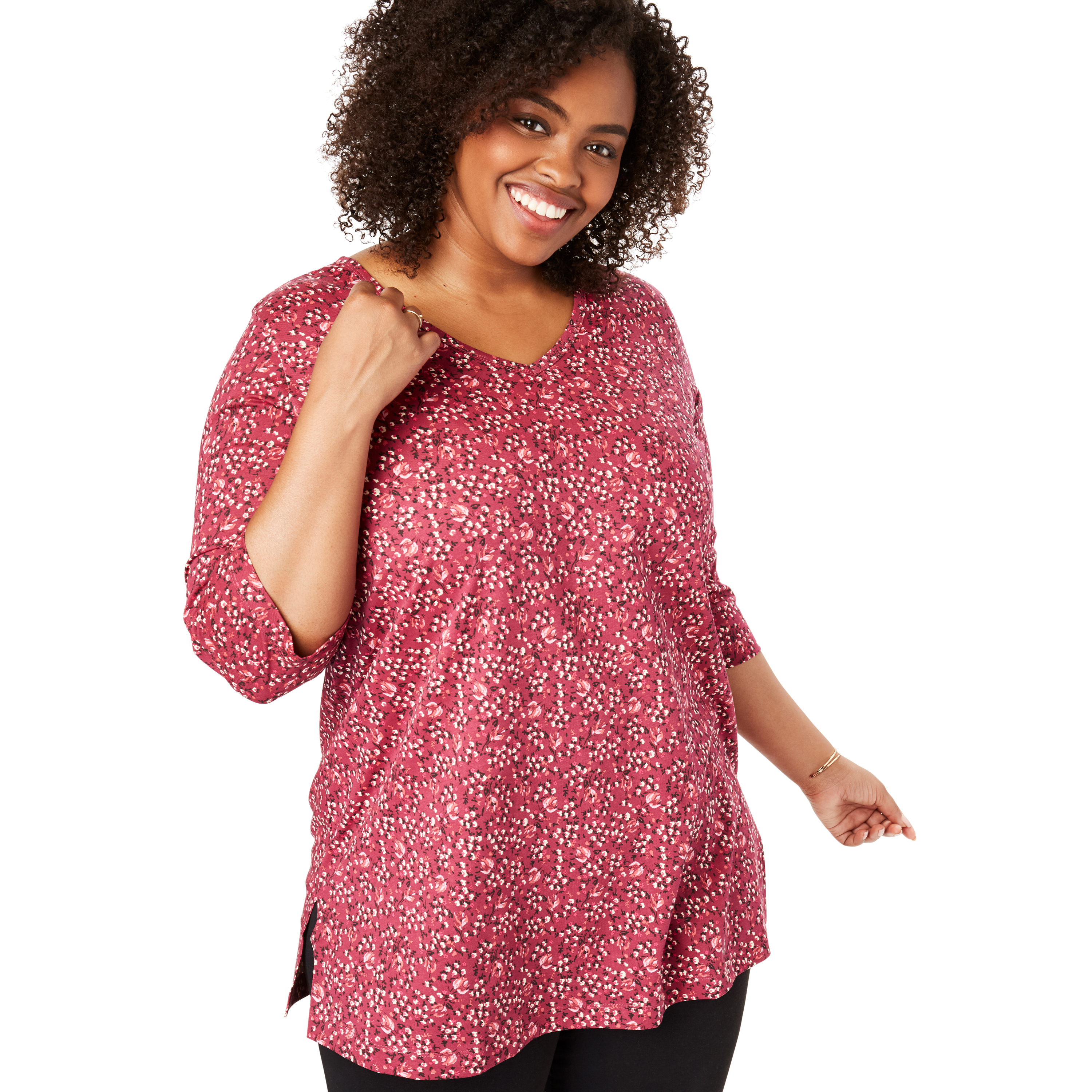 Woman Within Women's Plus Size Perfect Printed Three-Quarter-Sleeve V-Neck Tunic 