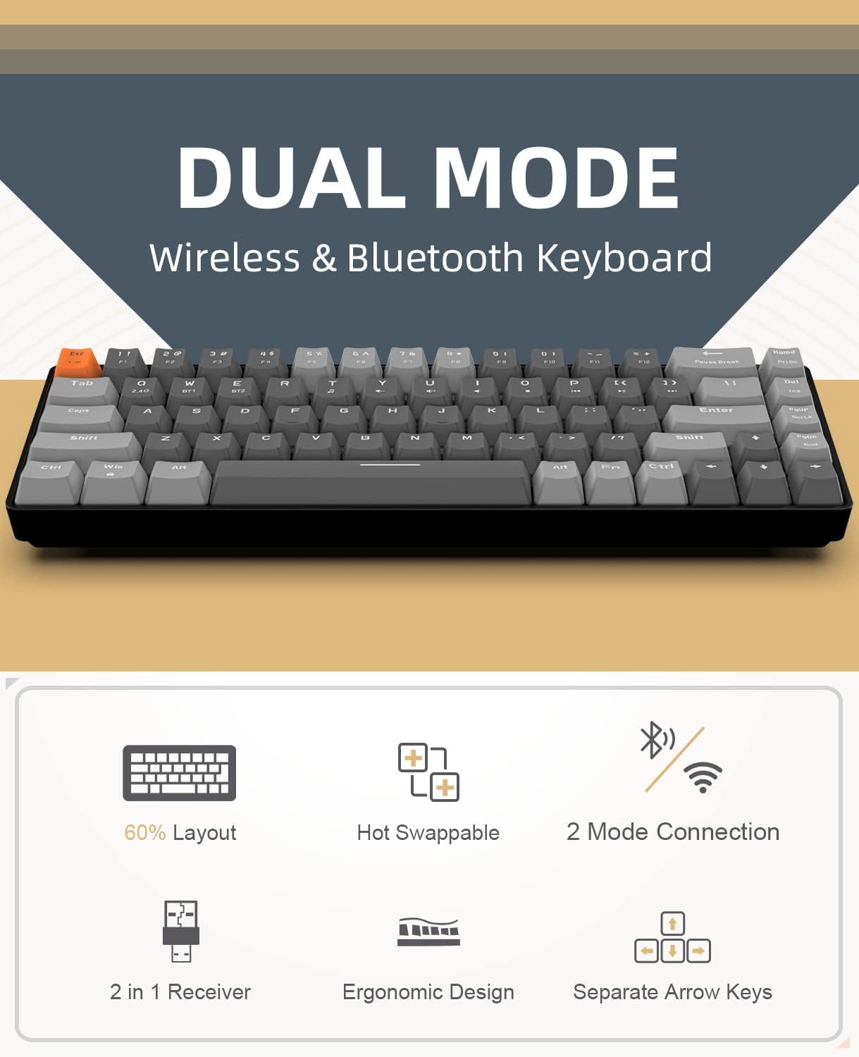 ZIYOULANG K68 60% Wireless Mechanical Keyboard, Bluetooth 5.0/2.4GHz, Ergonomic, Blue Switch