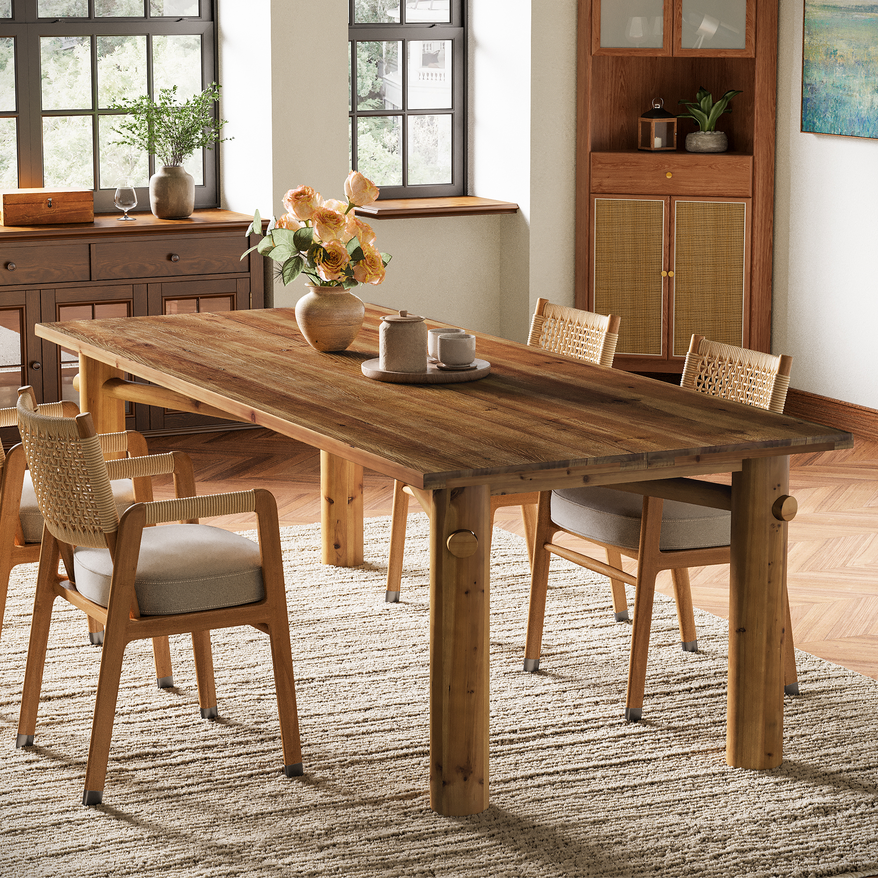 Finmind Solid Wood Dining Table for 6, 63-Inch Farmhouse Wood Kitchen Table with Strong Legs for Dining Room, Living Room, Brown