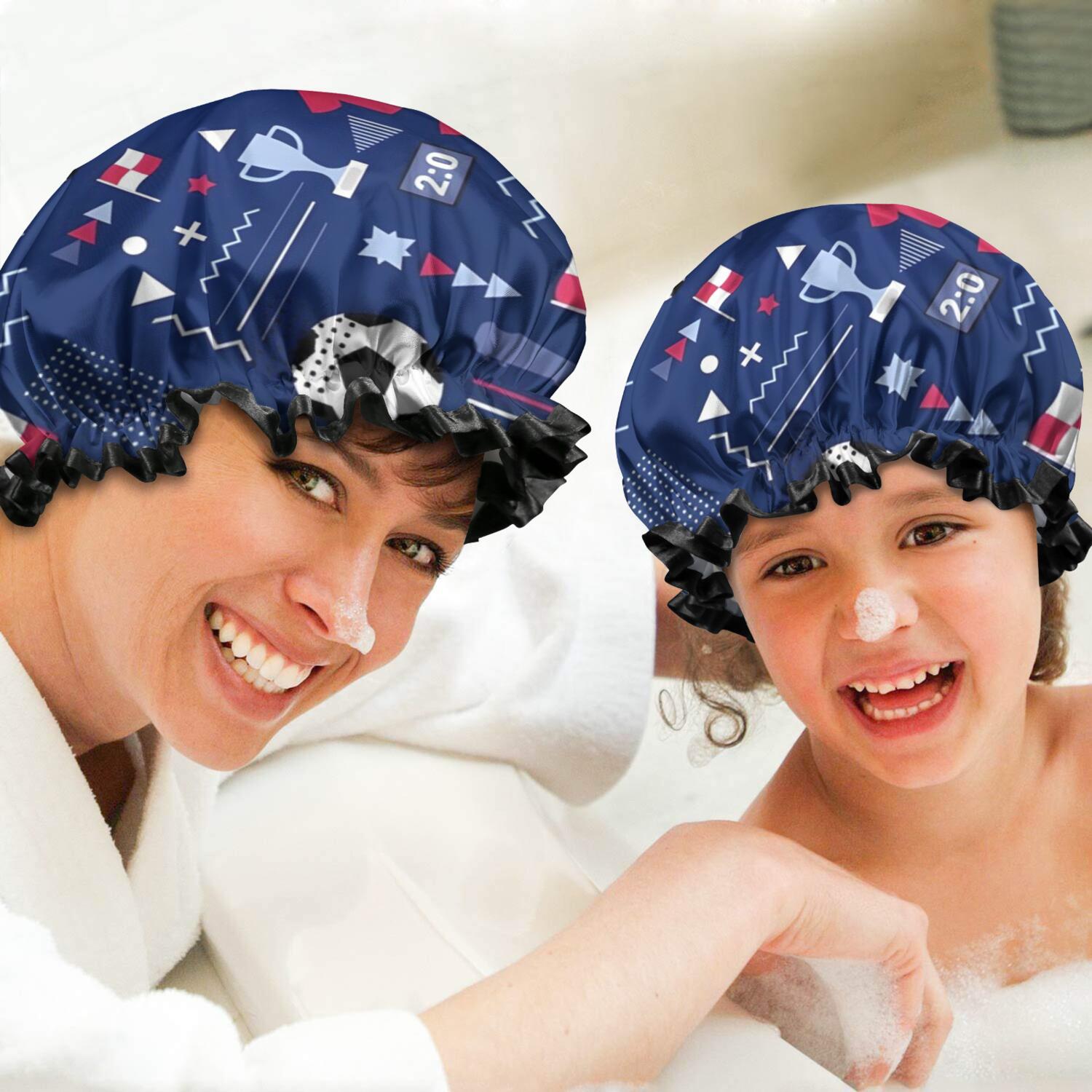 Shower Caps,Blue Soccer Elements Pattern Waterproof Shower Cap for Women 4 Pieces,Double Reusable Hair Cover for Shower PEVA Elastic Stretch Hem