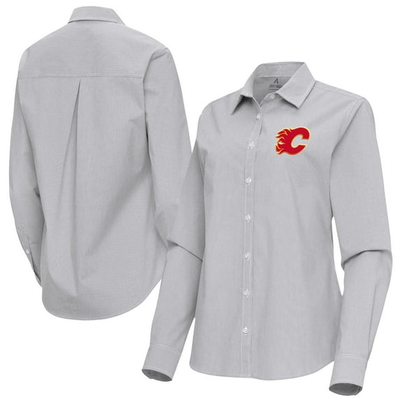 Women's Antigua Gray Calgary Flames Porter Woven Tri-Blend Long Sleeve Button-Up Shirt