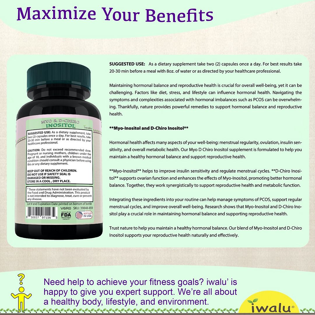 Myo & D-Chiro Inositol Capsules | Hormonal & Metabolic Support for Women's Health, Insulin Sensitivity & Ovarian Wellness - 60 Vegan Capsules - NSF Certified & USA Made by Iwalu