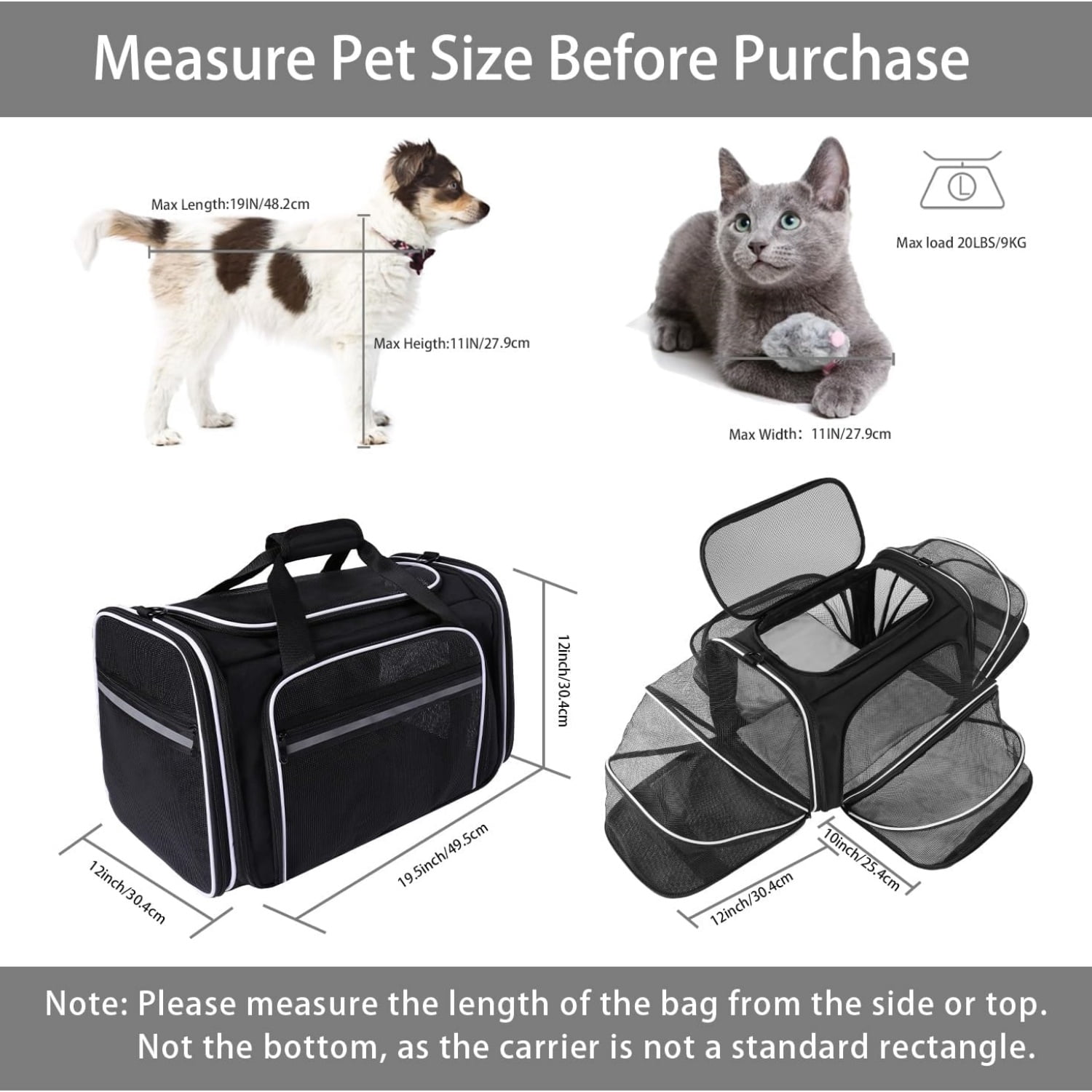 Large Pet Travel Carrier,4 Sides Expandable with 2 Mesh Pockets,3 Entry, Soft Sided Collapsible Dog Carrier for 2 Cats,Kittens,Puppies,Dog