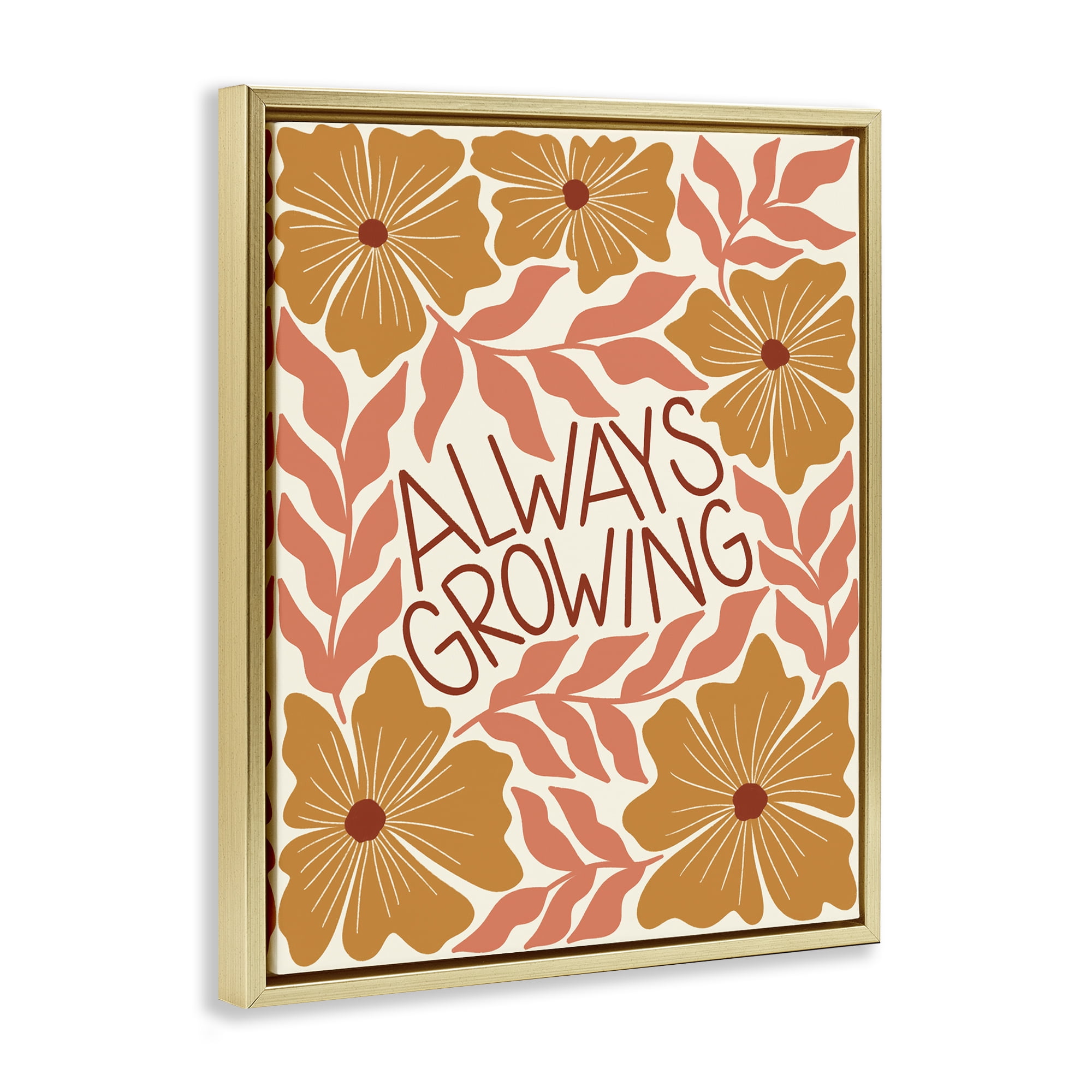 Stupell Industries Always Growing Funky Florals Plants & Flowers Painting Gold Floater Framed Canvas Art Print Wall Art, 25 x 31