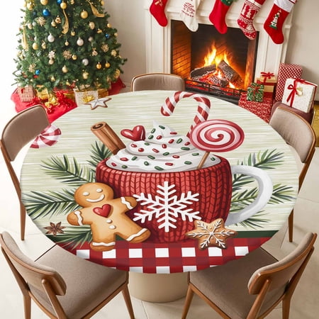 Round Table Cloth with Elastic Fitted Edged Xmas Candy Cookie Red Plaid Waterproof Tablecloth for 45 -54 Tables Cappuccino Pine Branches Retro Wipeable Indoor Table Cover for Kitchen Picnic Camping