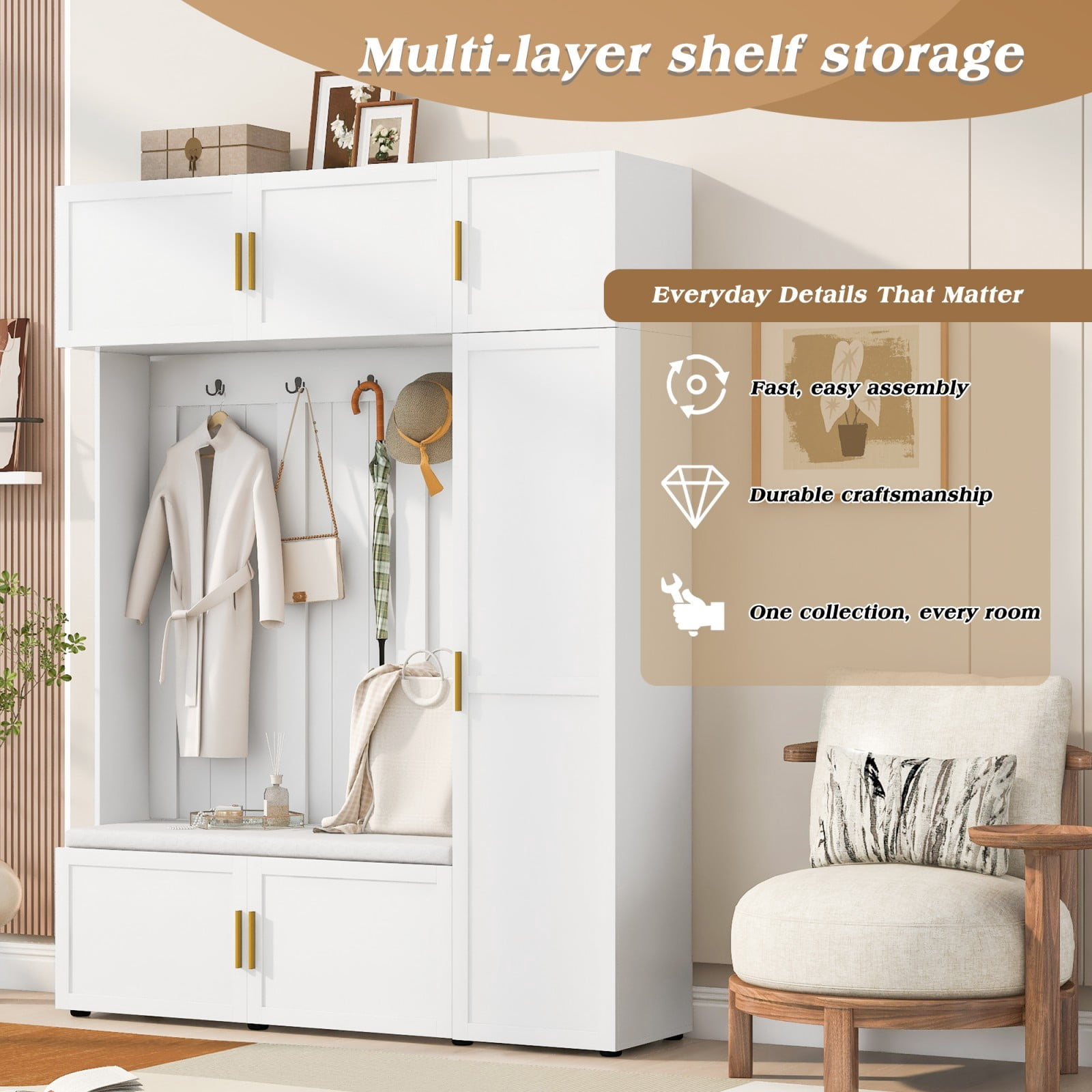 59" W 4-in-1 Entryway Hall Tree with Padded Bench, Coat Rack with 4 Hooks, Shoe Storage Bench & Multi-Tier Shelves, Mudroom Organizer for Hallway Living Room, Ancient White