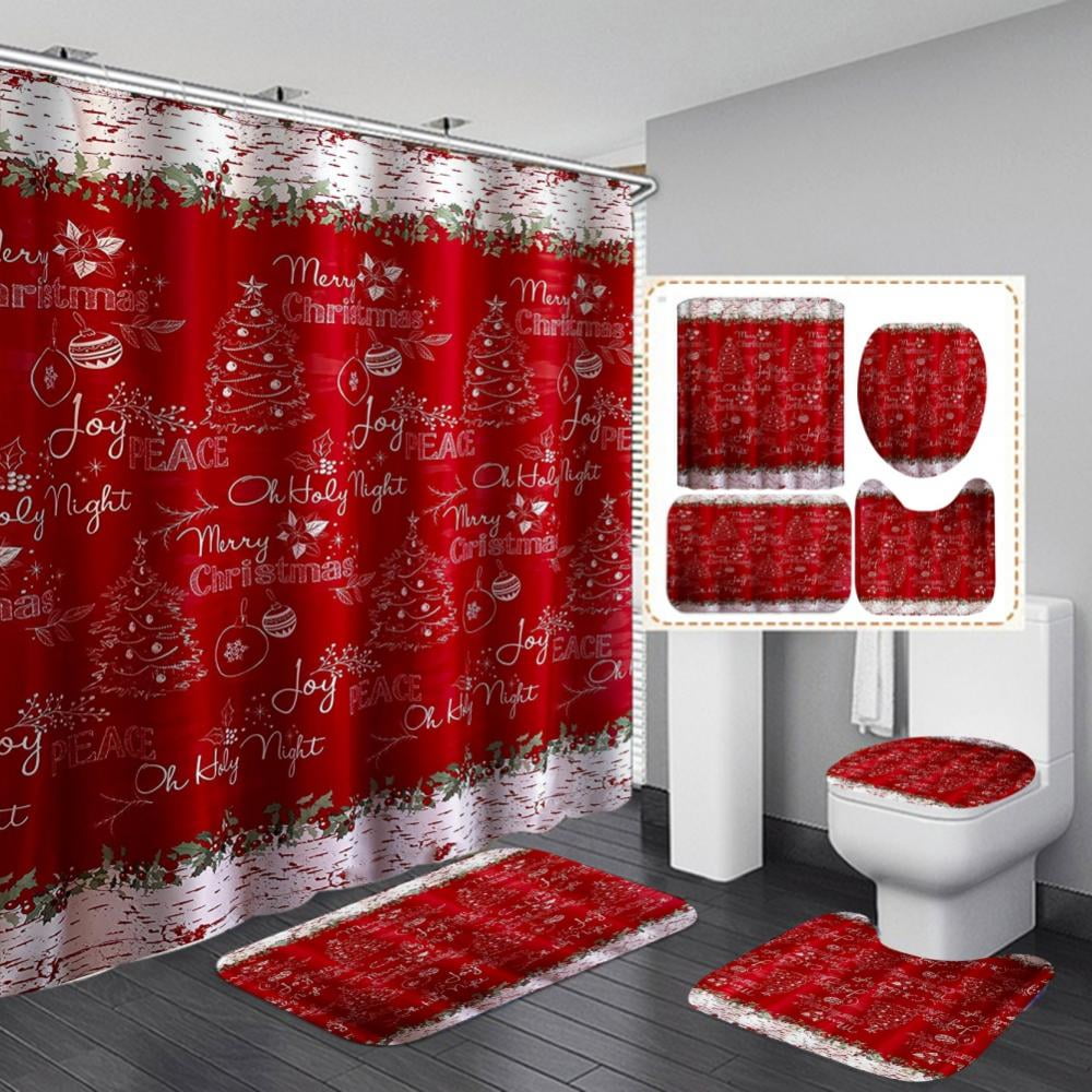 Christmas Holly on Wooden  Shower Curtain Set Bathroom Waterproof Polyester 71" 