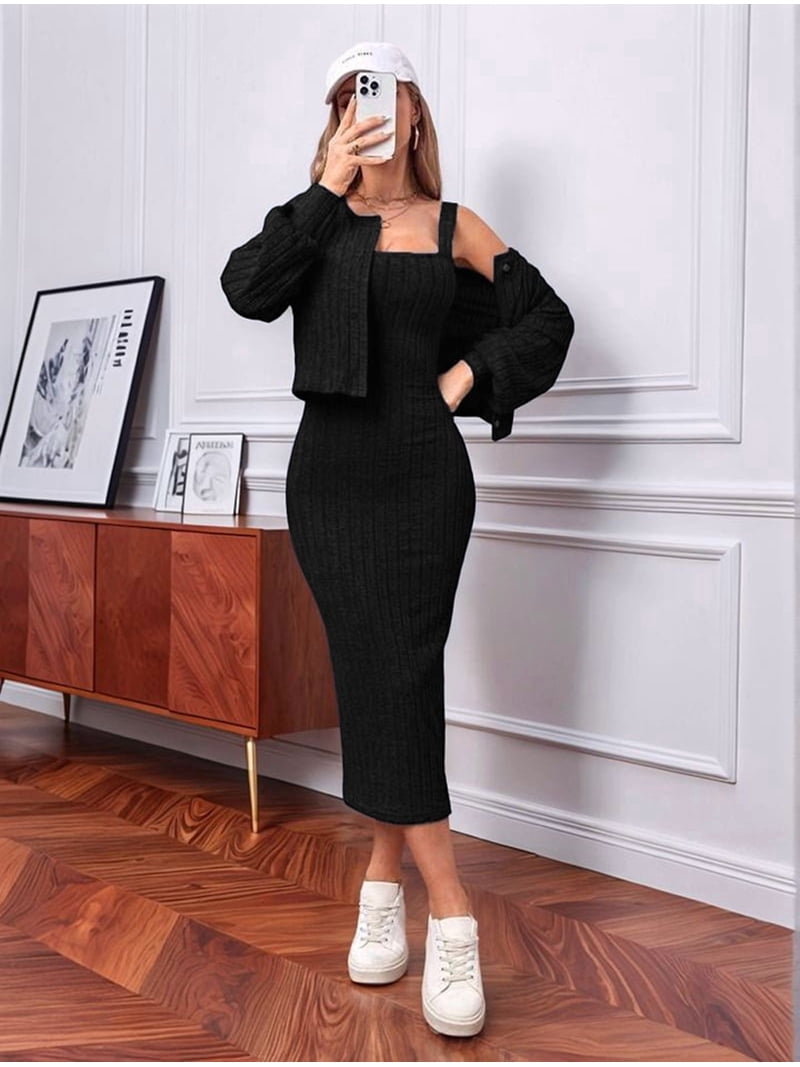 Women'S 2 PCS Knitted Button Cardigan Bodycon Nightclub Party Dress Outfits Set Black XL