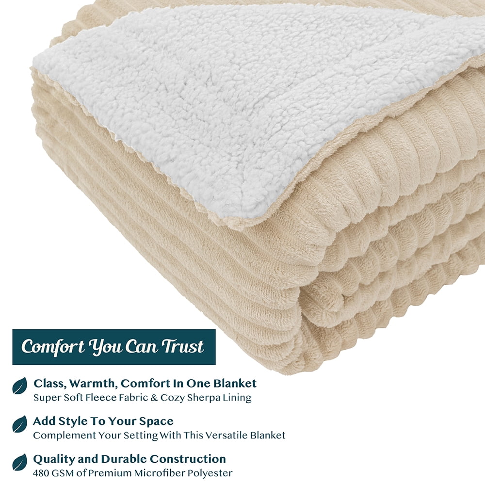 PAVILIA Reversible Sherpa Fleece Throw Blanket Twin Cream Beige, Soft Fuzzy Plush Flannel Throw, Warm Ribbed Microfiber Blanket for Sofa Couch Bed, Thick Striped Blanket, Beige, 60x80