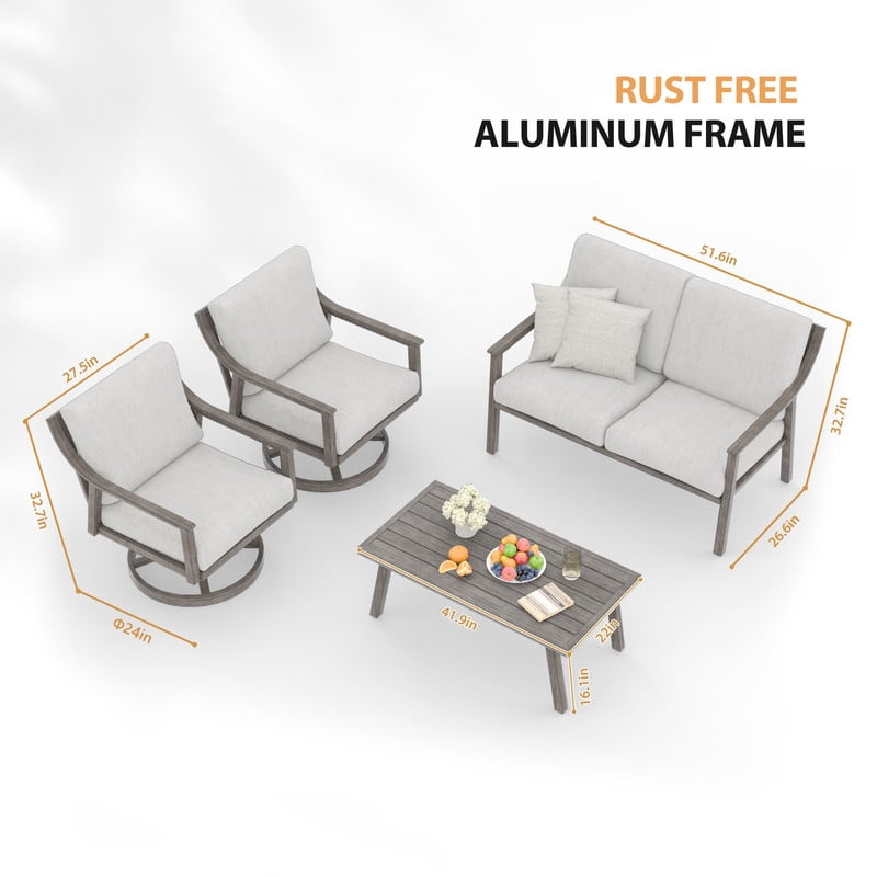 4-Piece Patio Furniture Set - Outdoor Aluminum Patio Conversation Set Includes 1 Loveseat, 2 Swivel Chairs, and 1 Coffee Table
