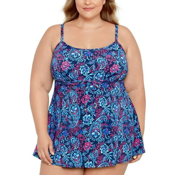 Swim Solutions Womens Plus Size Tummy Control Tie-Waist Swimdress Navy Multi 24W
