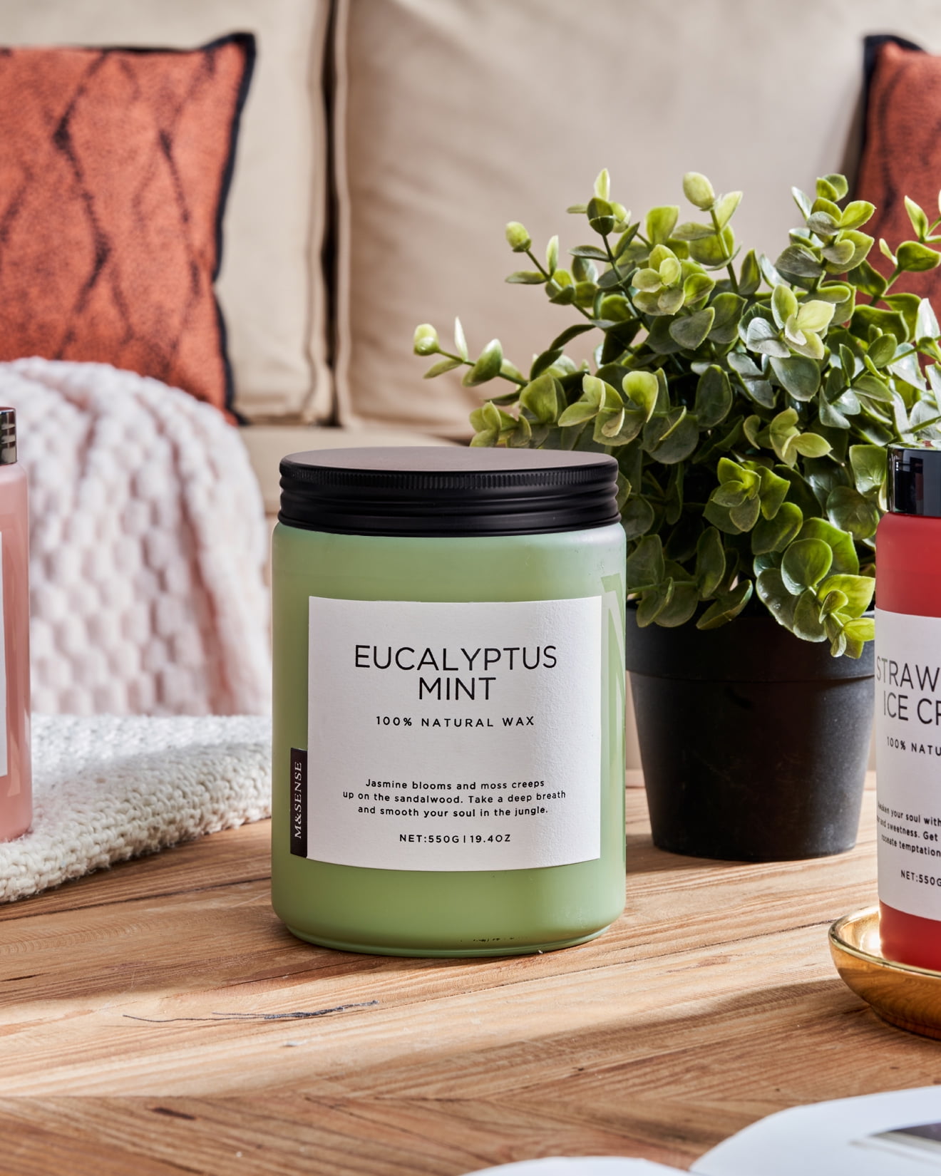 M&SENSE Eucalyptus Mint Scented Candle, 19.4oz Natural Soy Jar Candles for Home, Large 2 Wick, Up to 110 Hours Burn time, Natural Organic Fragrance