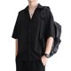 thumbnail image 4 of Camisas de media manga para hombres Cuello vuelto Cierre de botones Color puro Blusa suelta informal Negro XXL, 4 of 8