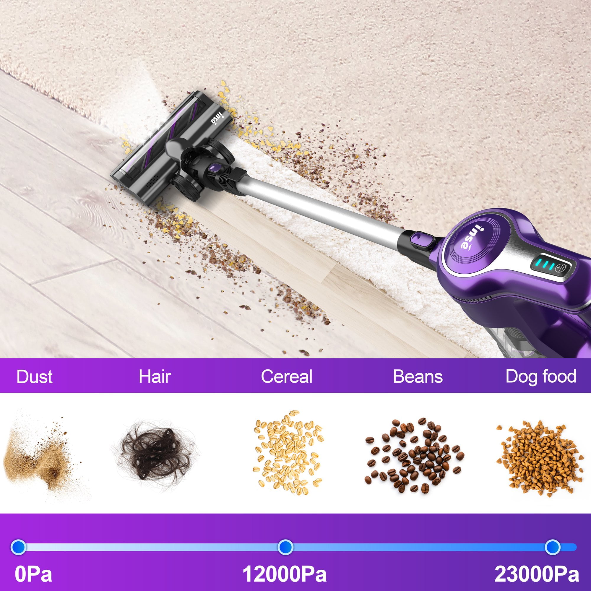 INSE Cordless Vacuum Cleaner, 23Kpa 250W Brushless Motor Stick Vacuum, 10-in-1 Lightweight Handheld for Cleaning - Purple - 1