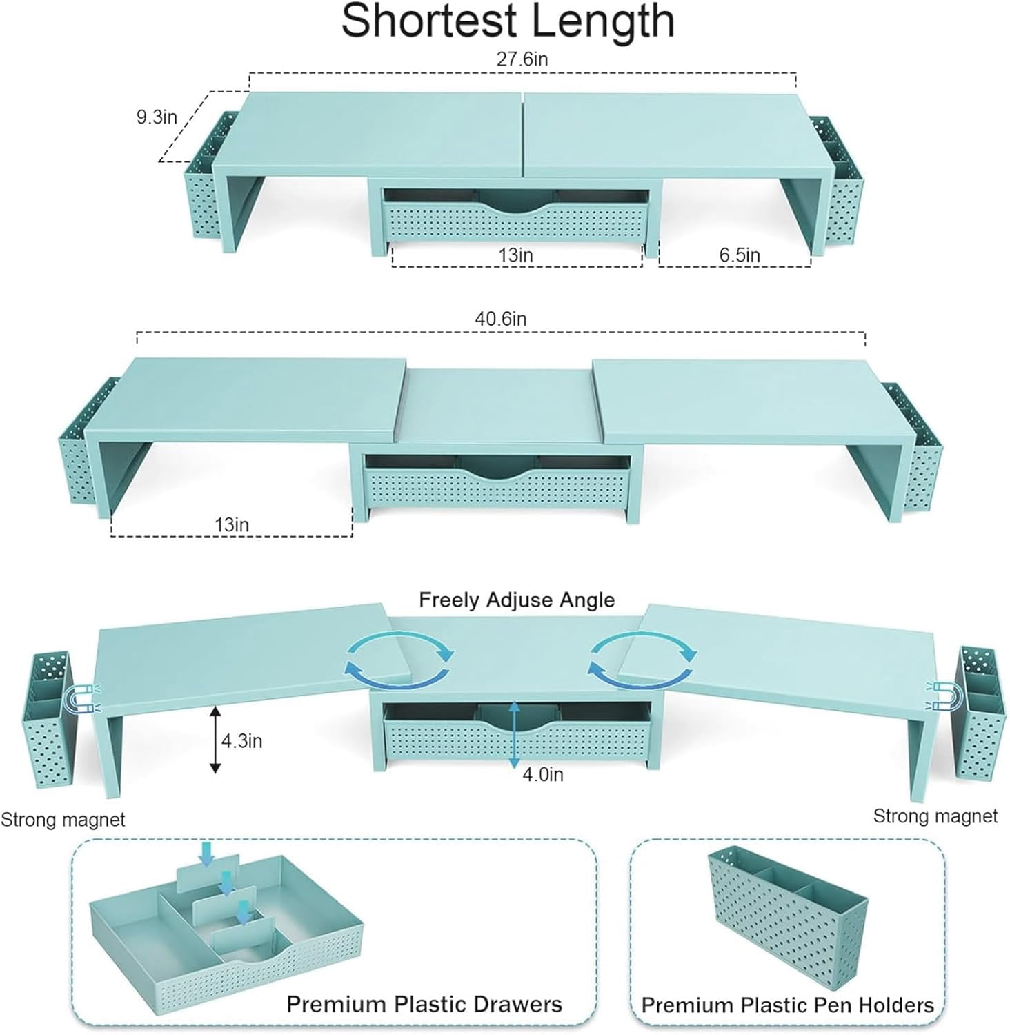Dual Monitor Stand Riser with Drawer and Pen Holders, Wooden Desk Shelf Organizer for Computer Monitor