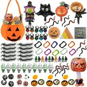 80 Pcs Halloween Toy Gifts for Kids, Prefilled Pumpkin Buckets with Spider Rings, Skull Hand,Vampire Teeth,Spinning Tops, Halloween Miniatures for Kids Halloween Party Favors