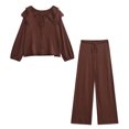 thumbnail image 3 of HH TRAF Otoño Mujer Conjunto de punto de 2 piezas Moda Sólido Cuello redondo Lazo Cordón Top + Cordón Cintura elástica Pantalones largos casuales Mujer, 3 of 5