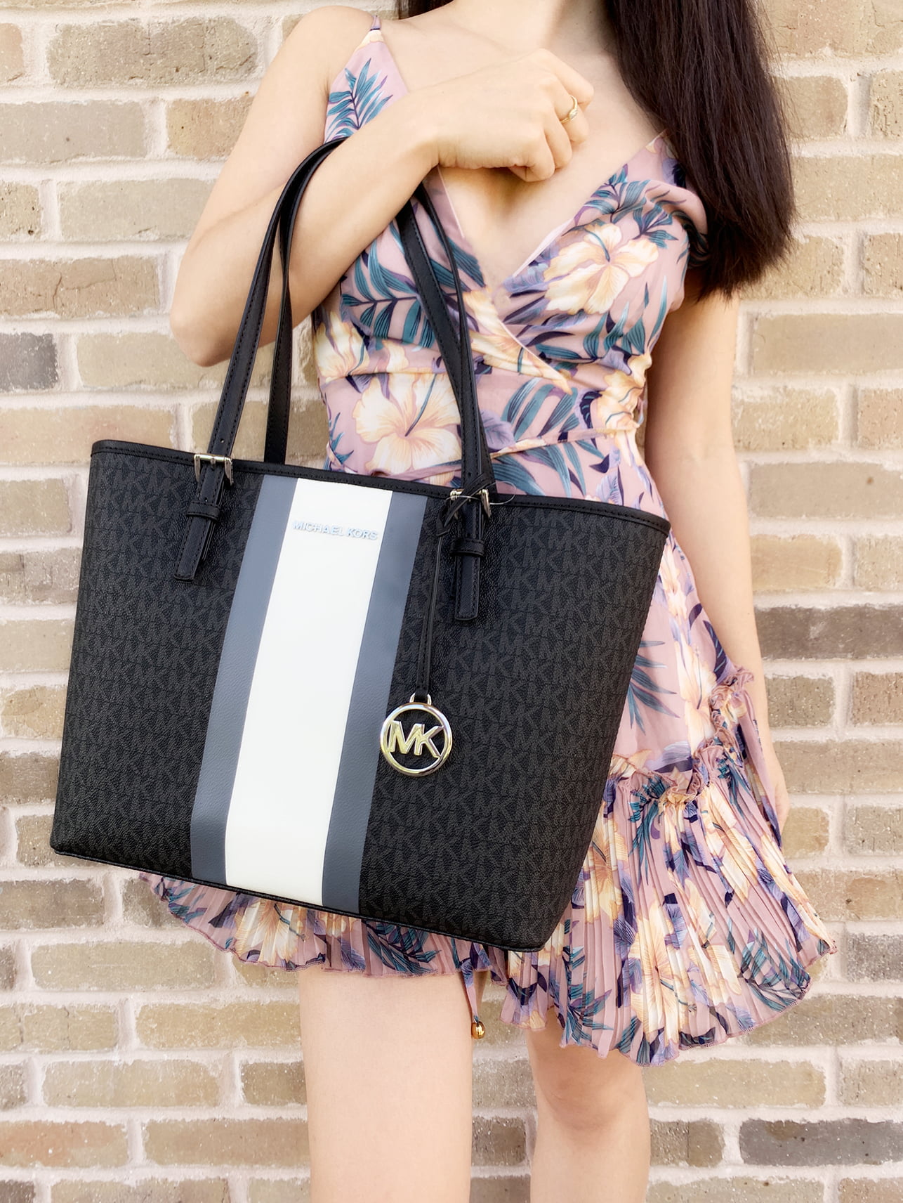 black and white striped michael kors tote