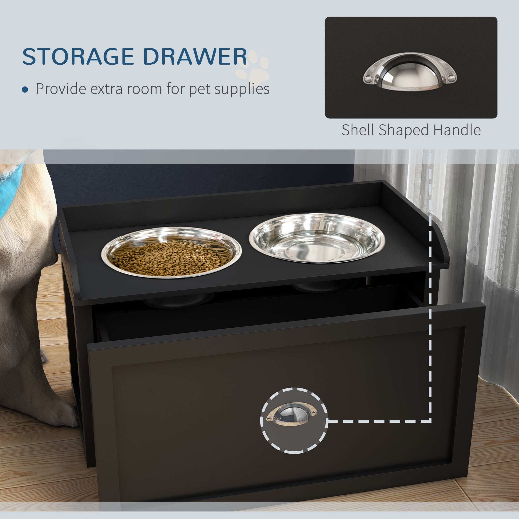 E-Western Dog Feeding Station with Storage Drawer, Large Removable Elevated Stainless Steel Bowls, Pet Organizer, Black