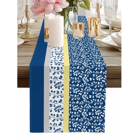 Table Runner Blue Yellow Leaves Table Runners Stitching Stripes Cotton Linen Dresser Scarf Kitchen Dining Table Decor for Home Dinner Party Decor 13x36 Inch