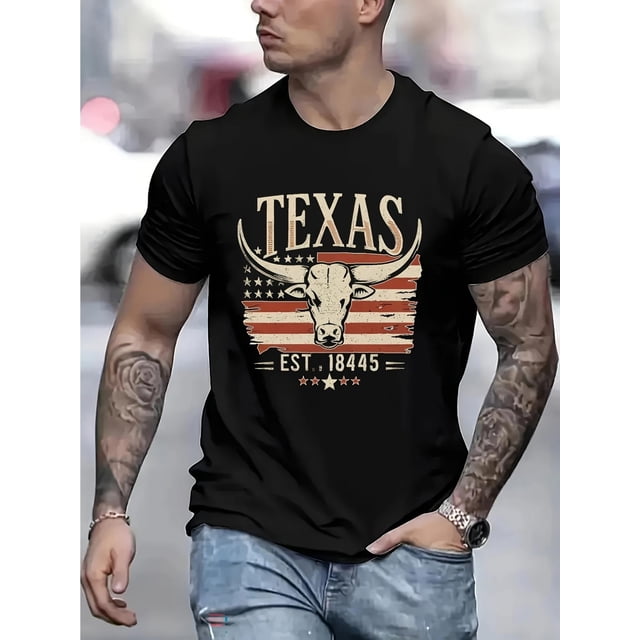 Texas Graphic Men's Short Sleeve T-shirt, Comfy Stretchy Trendy Tees For Summer, Casual Daily Style Fashion Clothing, Casual Sporty Tee, Comfy Tee