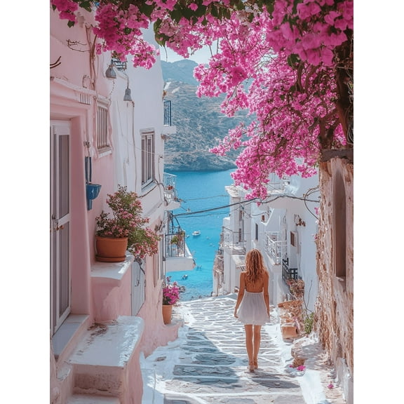Pink Bougainvillea Coastal Street Canvas Prints/Wall Art， Perfect for Living Room，Kitchen， and Office Decoration.