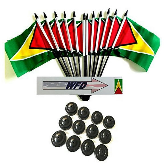 Pack of 12 4"x6" Guyana Polyester Miniature Office Desk & Little Table Flags, 1 Dozen 4"x 6" Guyana Small Mini Handheld Waving Stick Flags with 12 Flag Bases (Flags with Stands)