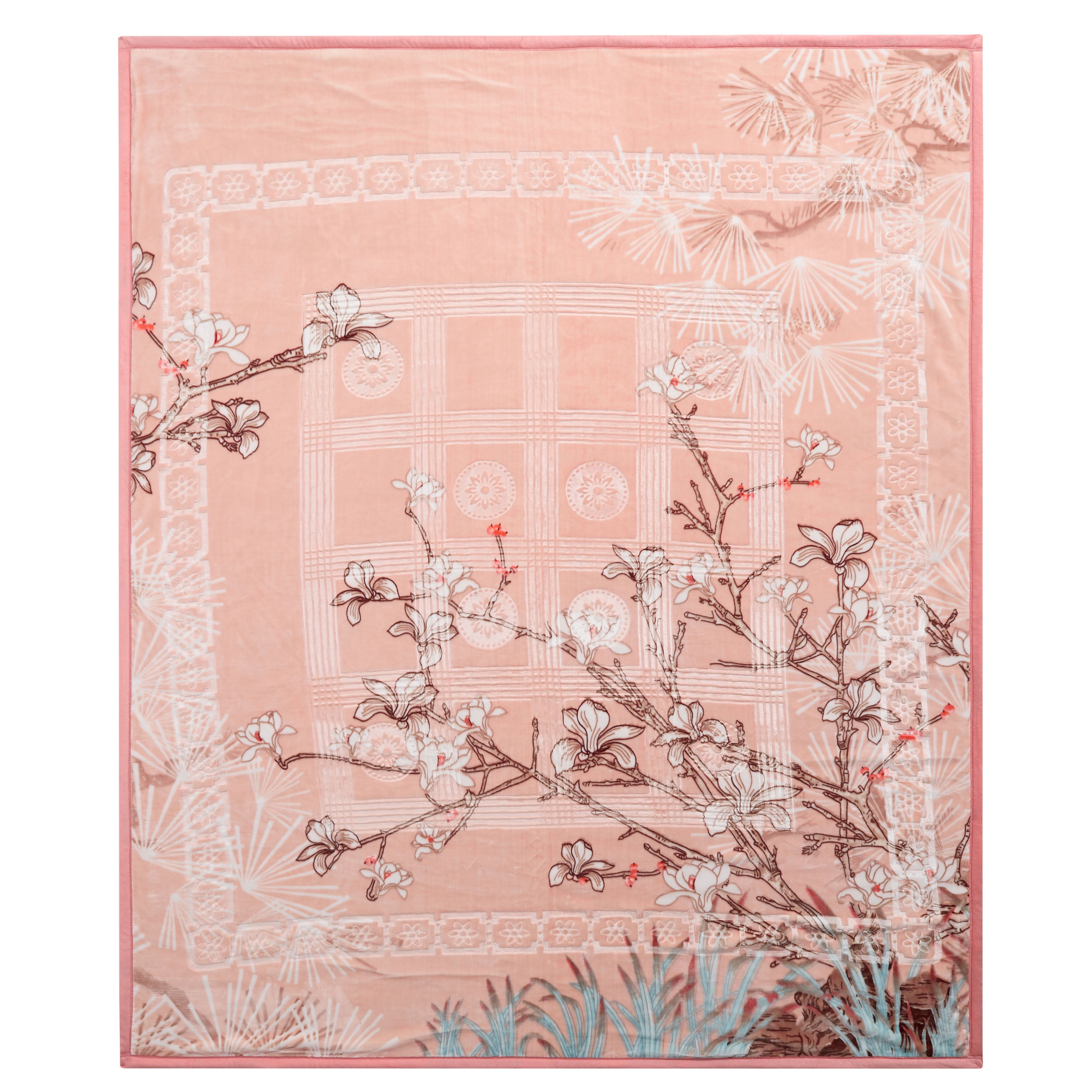 Lammaloe Queen Size Korean Mink Fleece Blanket for Winter, 9 lbs, 79" x 94", Heavy 2-Ply Warm Heavyweight Raschel Bed Blankets, Reversible Printed, Peach