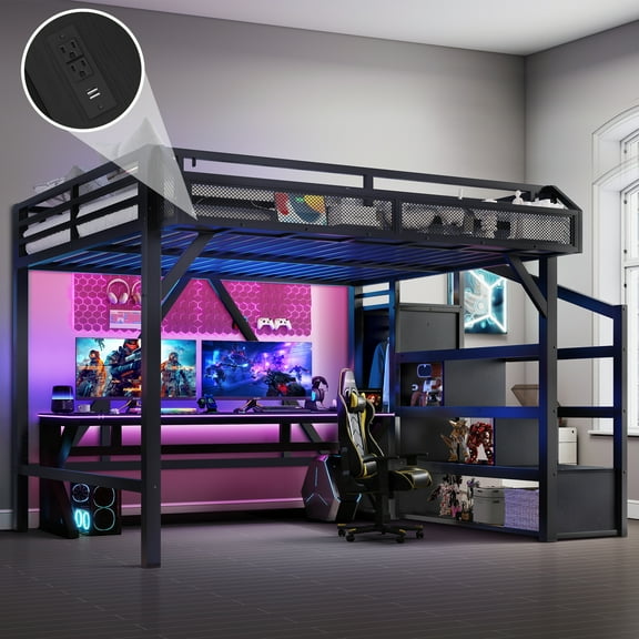 Aukfa Queen Metal Loft Bed with Stairs, Wardrobe, Shelves, USB Ports & LED Lights, Space-Saving Bed Frame for Adults & Kids, Black