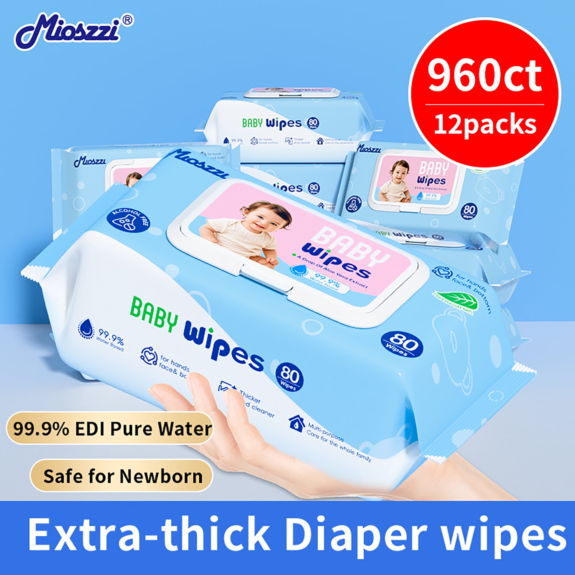 Mioszzi Baby Wipes, Unscented, Aloe, Gentle, Hypoallergenic, Hospital Grade, Plant-Based, 12 Packs, 960 Total Count