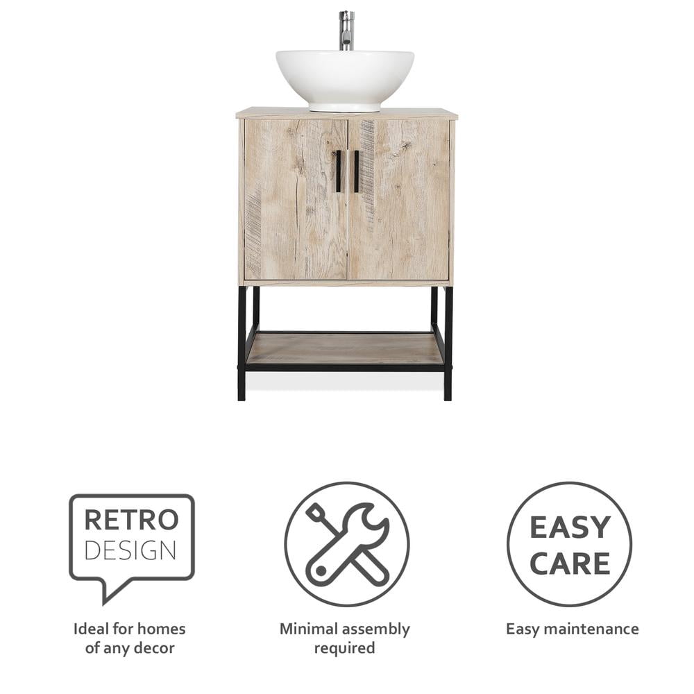 Eclife 24" Farmhouse Bathroom Vanity with Rustic Oak Wood Top,White Ceramic Sink, Water Save Faucet,Solid Brass Pop Up Drain