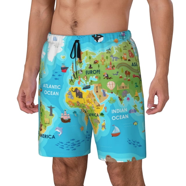Kdxio World Map With Animals Landmarks Print Mens Swim Shorts with Mesh Lining, Breathable and Quick-Drying, Adjustable Waist, Privacy Pocket-3X-Large