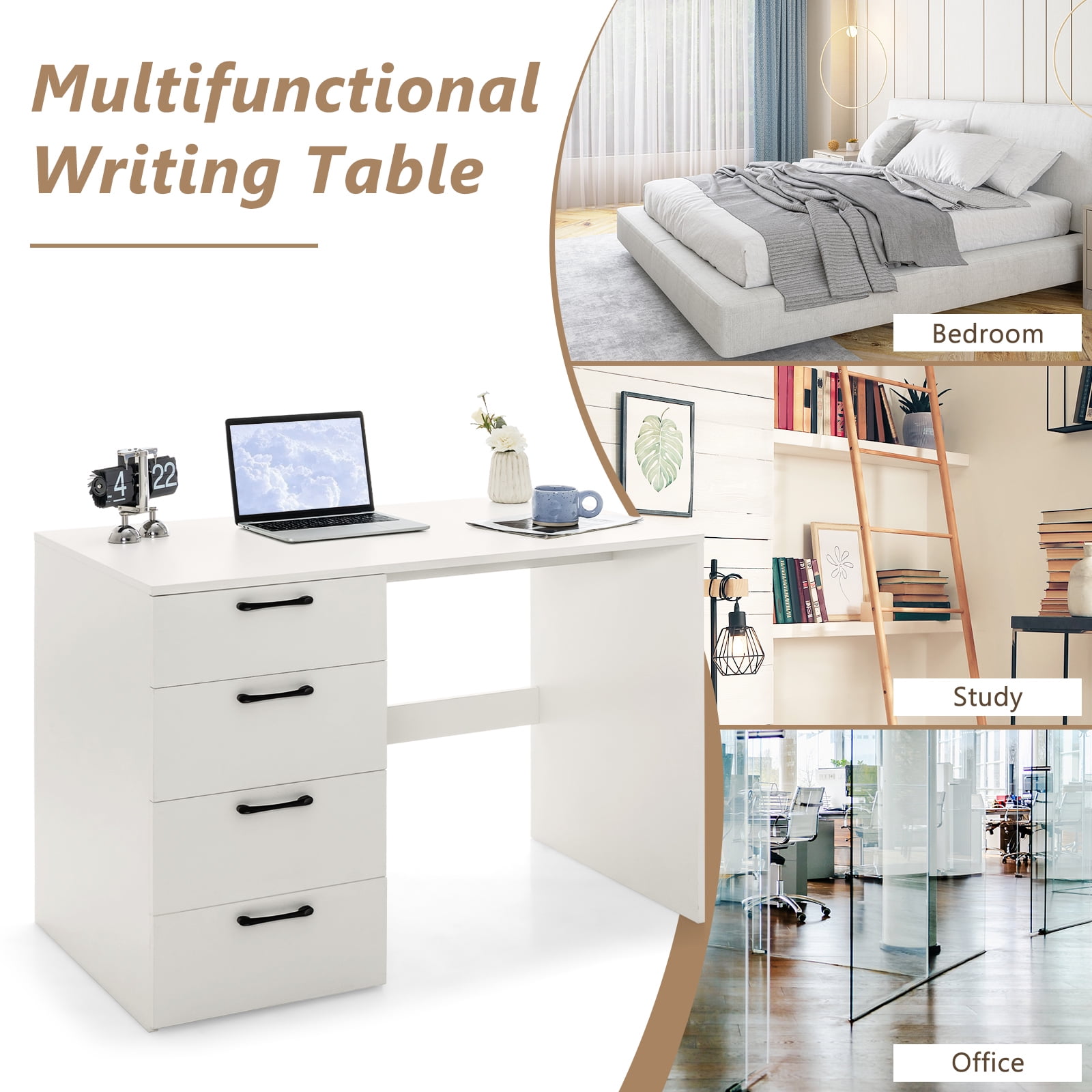 Topbuy Wood Computer Desk with Storage Large Writing Desk w/ 4 Drawers Home Office PC Desk Workstation