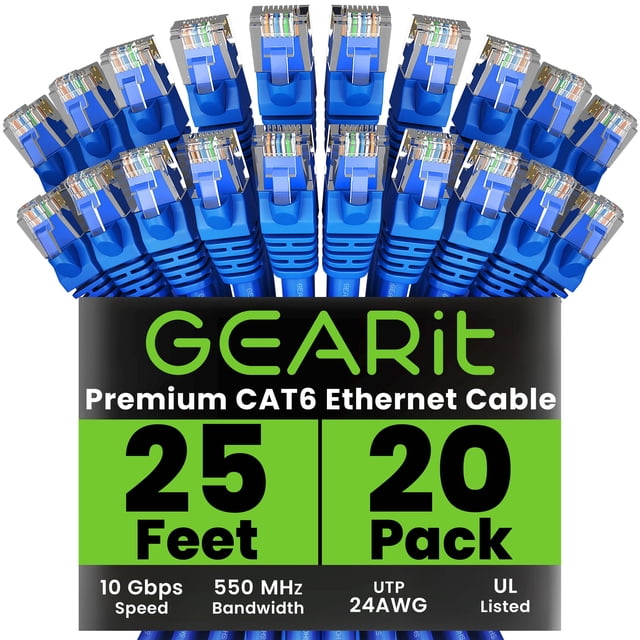 Cable Ethernet GearIt Cat 6 de 25 pies (7,6 m), paquete de 20, azul