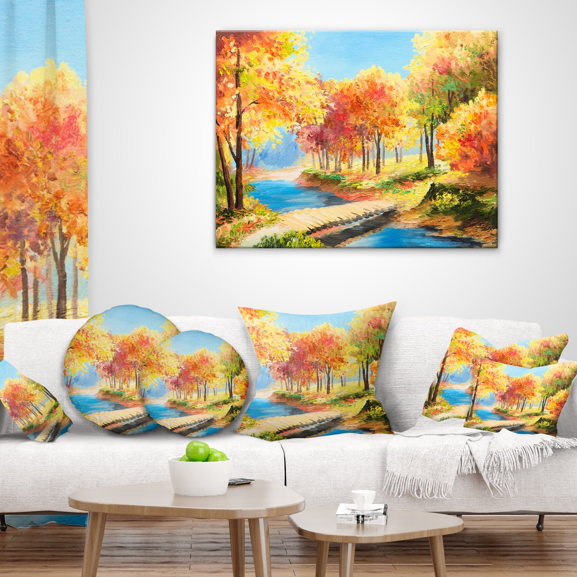 Designart Wooden Bridge in Colorful Forest - Landscape Printed Throw Pillow - 18x18