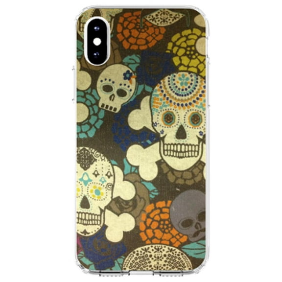 DistinctInk Clear Shockproof Hybrid Case for iPhone XS Max (6.5" Screen) - TPU Bumper, Acrylic Back, Tempered Glass Screen Protector - Sugar Skulls Green Orange