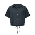 thumbnail image 4 of YDFCWXW Linen Shirts for Women Casual Sexy Crop Tops Short Sleeve Button Down Blouses V Neck Loose Fit Trendy Tees Shirt Dark Gray, L, 4 of 6