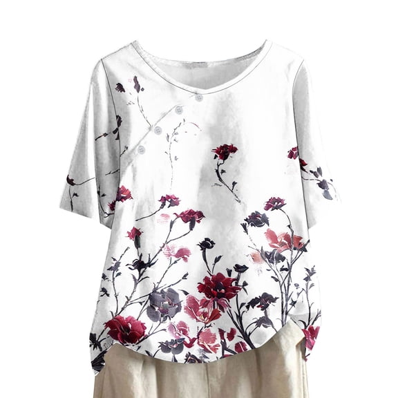 Busydd Womens Tops Cotton Linen Button Down Blouses Bohemian Tropical Floral Print Shirts Summer Fashion Casual Loose Short Sleeve Tee Tops Hawaiian Beach Vacation Shirts,Plus Size S-5XL