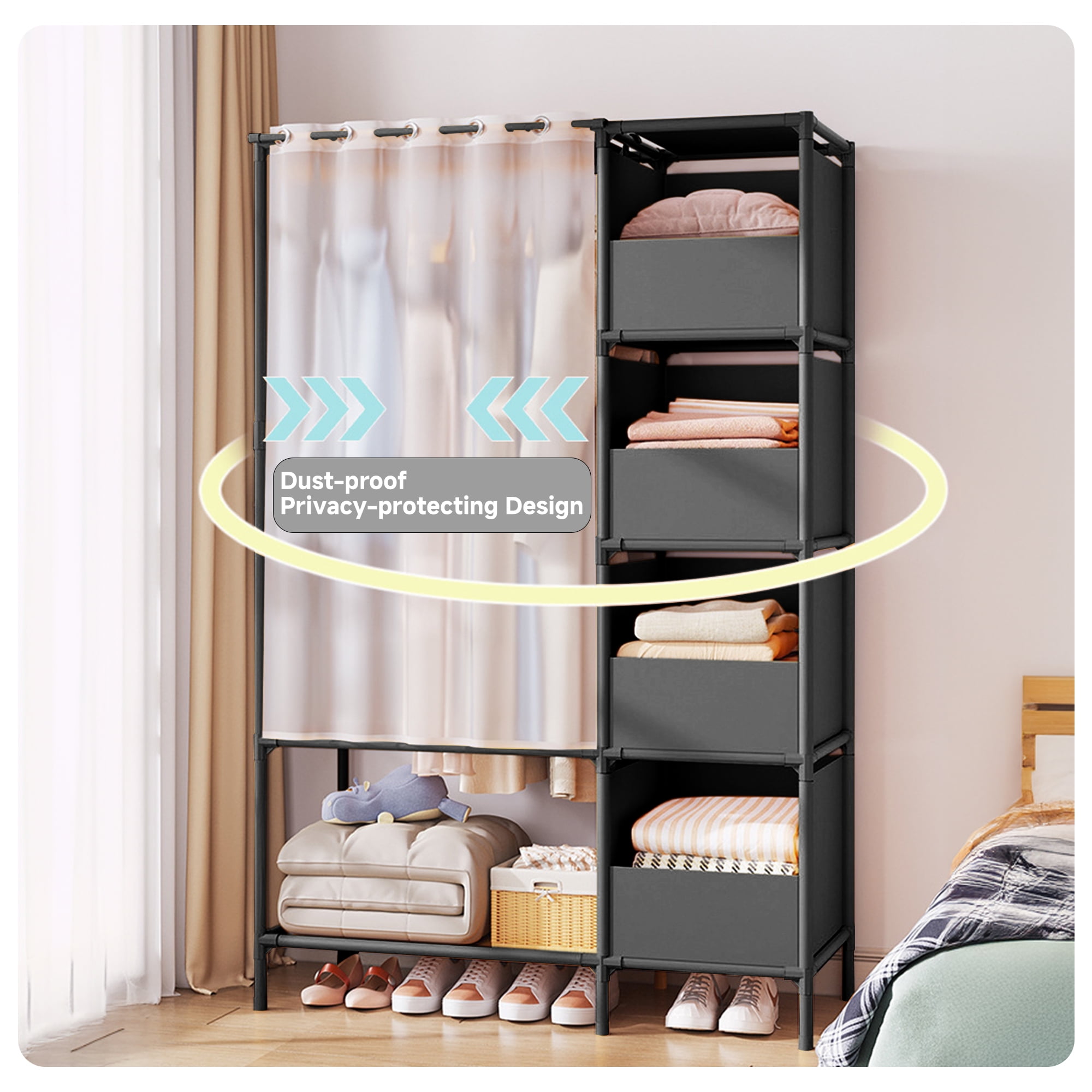 Portable Closet, Brochao Portable Wardrobe with 4 Storage Closet, Clothes Storage Cabinet with Curtain, for Living Room, Bedroom, Clothes Room, Black