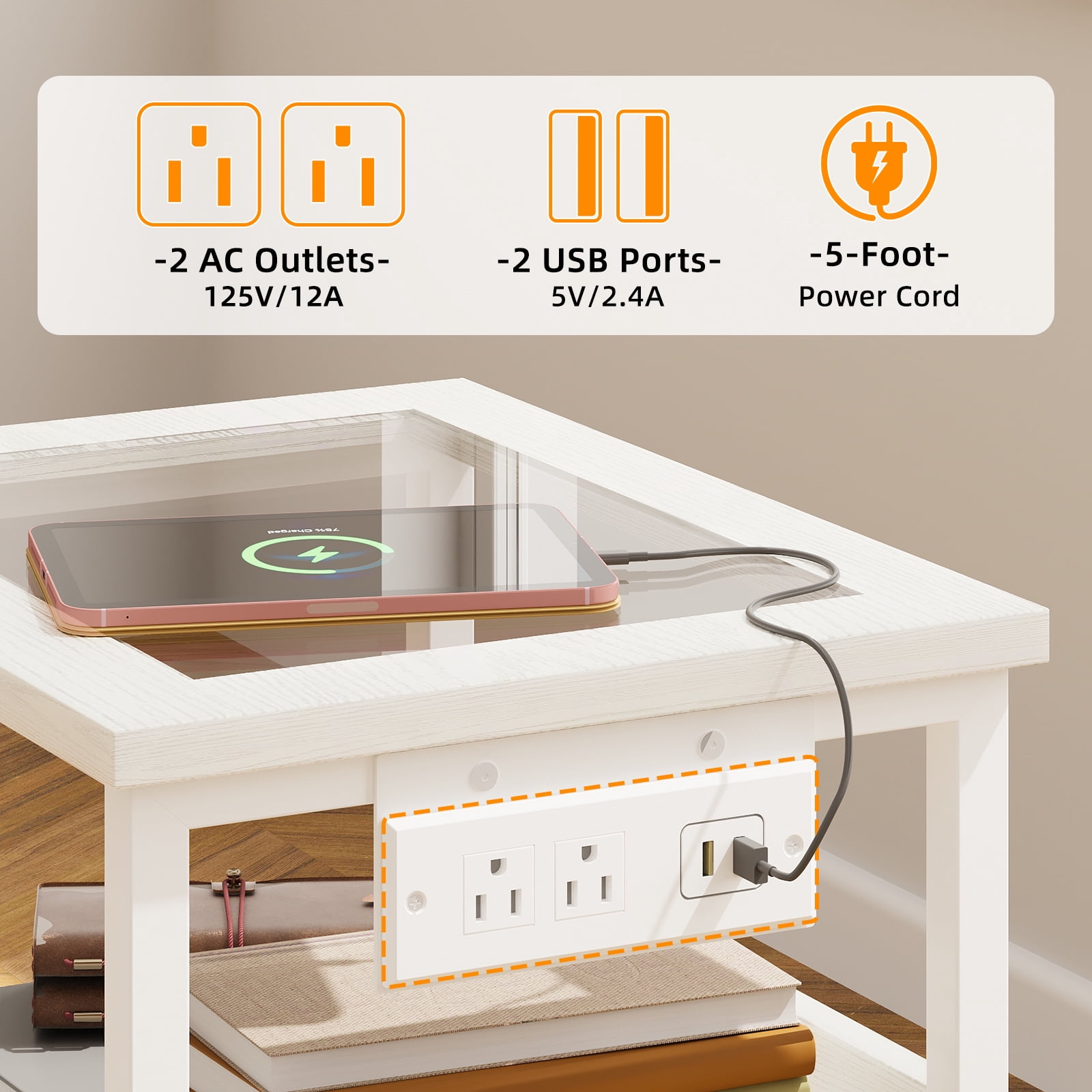 Tomnk LED Nightstand with Charging Station, Modern Bedside Table with Glass Top, USB Ports & Power Outlets, 2 Fabric Drawers Storage End Table for Bedroom, White