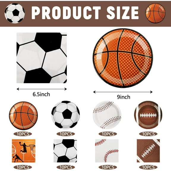 SHILIU-80 PCS Sports Birthday Party Decor, Sports Themed Plates Napkins Basketball Football Soccer Baseball Rugby Disposable Tableware Set for Baby Shower Boy Birthday Christmas Party Supplies (Serve