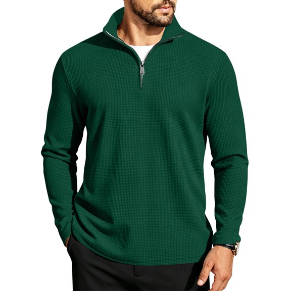 Mens Waffle Knit Polo Shirts Quarter Zip Up Long Sleeve Pullover Lightweight Fashion Casual Slim Fit Collar Golf Shirt