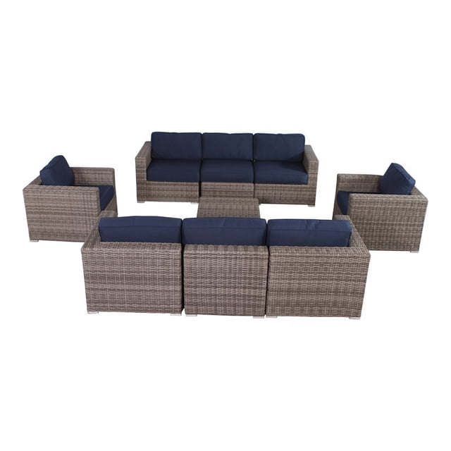 Living Source International Ensemble Sectionnel en Osier 9 Pcs avec Coussins Bleu Marine
