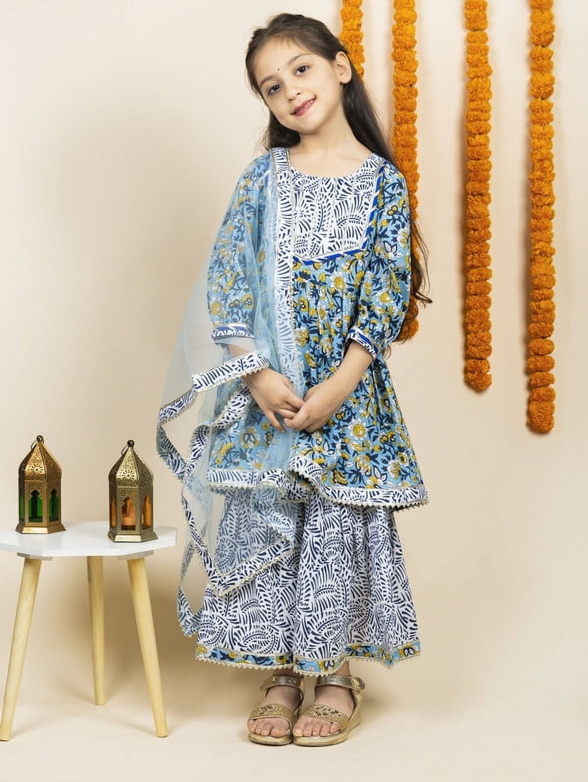 Girls Floral Printed Gotta Patti Pure Cotton A-Line Kurta & Sharara &  Dupatta - Walmart.com