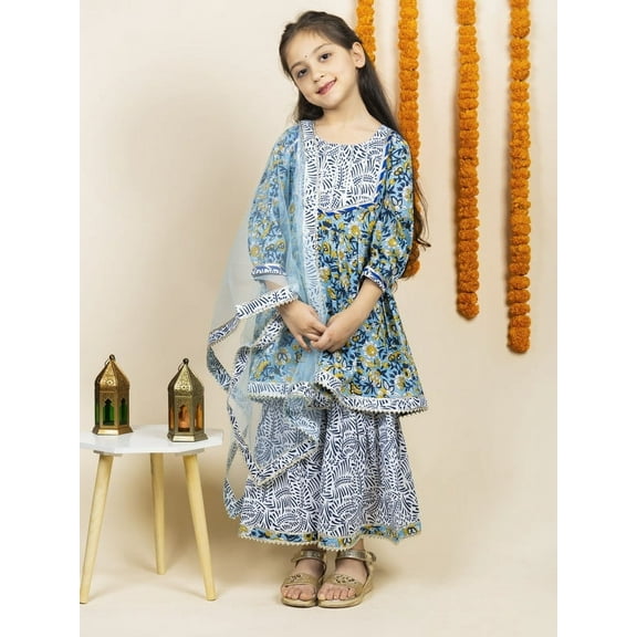 Girls Floral Printed Gotta Patti Pure Cotton A-Line Kurta & Sharara & Dupatta