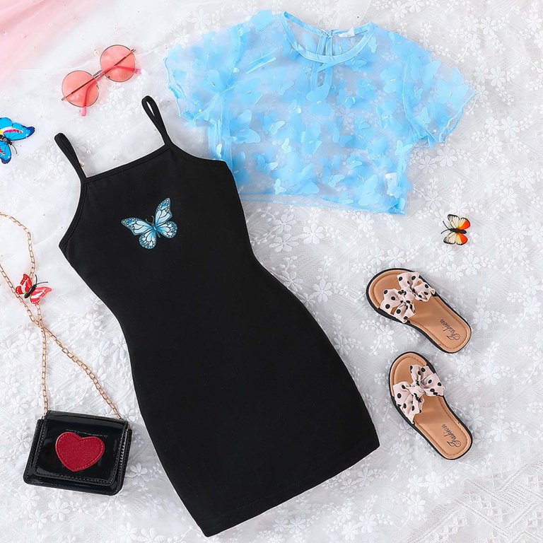 Generic Girl's 2 Piece Outfit Kids Mesh Short Sleeve Crop Top and Butterfly  Print Cami Bodycon Dress Set for 4-7 Years - Walmart.com