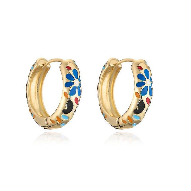 Pendiente de aro pequeño bañado en oro de 18 k con preciosa flor multicolor, azul oscuro