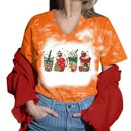 

Paptzroi Women Christmas Printed Shirt For Womens Casual Short Tie Dye Sleeves Tops V Neck Tee Tunic Flower Loose Side Blouse Women Button down Blouse Short Sleeve Maternity Tunics Women s